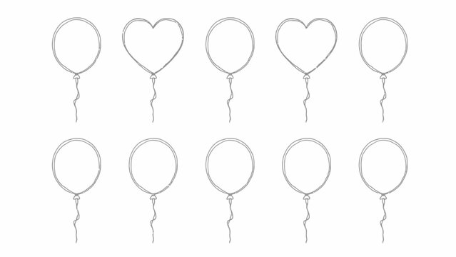 Set of whimsical heart-shaped and round balloons with strings