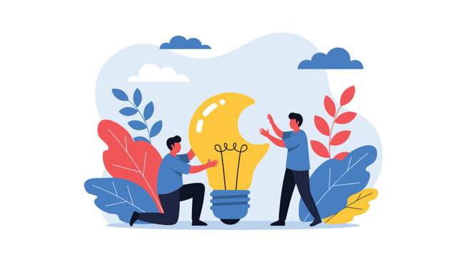 Creative teamwork concept showing two tiny male characters working together to assemble a large yellow lightbulb surrounded by colorful leaves.