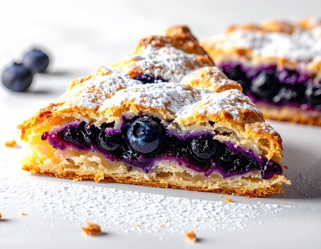 Rustic pastry slice brimming with fresh blueberries, dusted with powdered sugar