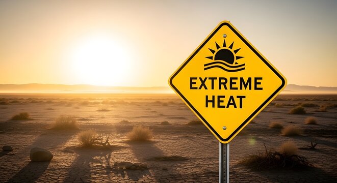 Extreme heat warning sign in a desert landscape for the concept of climate change and global warming.
