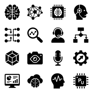 technology icons set flat black brain network