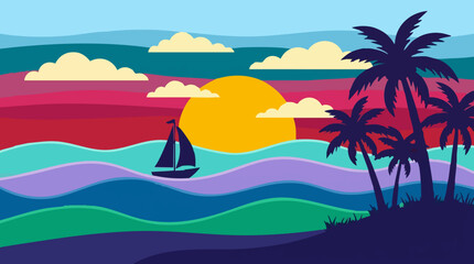 Obraz premium Vibrant Tropical Sunset Seascape with Sailboat and Palm Trees Vector Art
