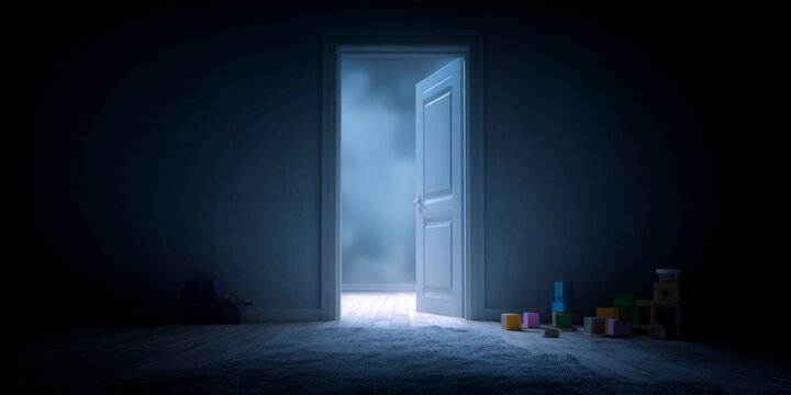 an open door leading to an empty room with toys scattered on the floor, illuminated by soft light from outside.