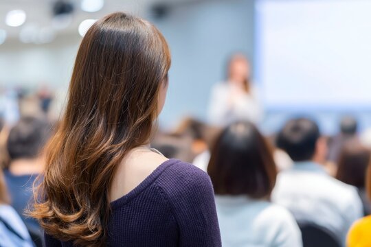 back view of the audience at a business conference or presentation with a speaker on stage. people in the hall during a meeting, conference, and talk event.
