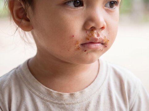 A professional photography close-up shot of a child's face around the mouth and nose showing Impetigo, characterized by highly contagious, honey-colored crusts over shallow, red sores, soft neutral li