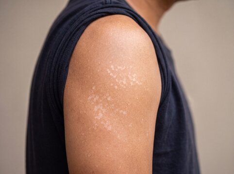 A professional photography close-up shot of a person's shoulder showing Tinea Versicolor, a fungal infection presenting as a cluster of small, oval, discolored spots that are lighter than the surround