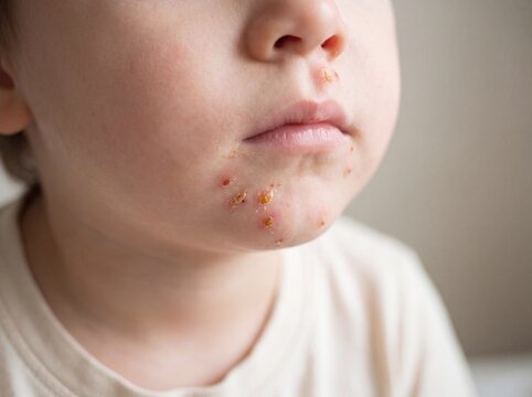 A professional photography close-up shot of a child's face around the mouth and nose showing Impetigo, characterized by highly contagious, honey-colored crusts over shallow, red sores, soft neutral li