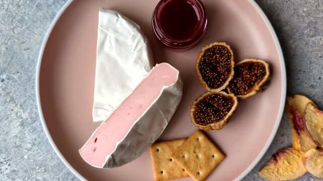 Pink Brie or Camembert cheese with honey, jam, figs, and crackers for a hearty breakfast. Brie cheese as a food background for your design