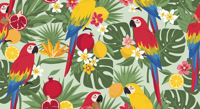 Vibrant seamless pattern with colorful macaw parrots perched among tropical leaves, lemons, pomegranates, and flowers on a light background.