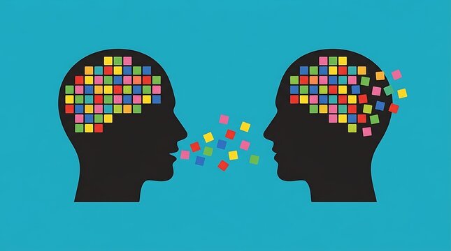 Conceptual illustration of communication and knowledge transfer between two people, represented by colorful pixelated brain icons and floating squares on a blue background
