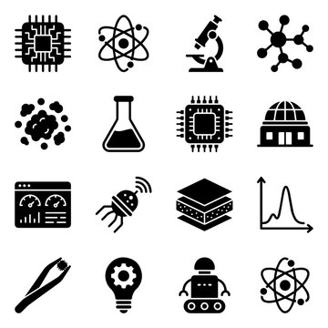 science and technology icons set microchip atom