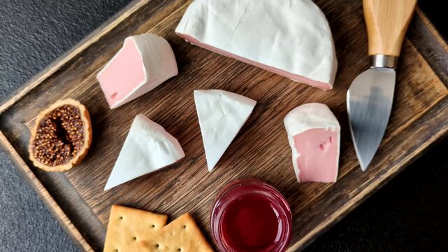 Pink Brie or Camembert cheese with honey, jam, figs, and crackers for a hearty breakfast. Brie cheese as a food background for your design