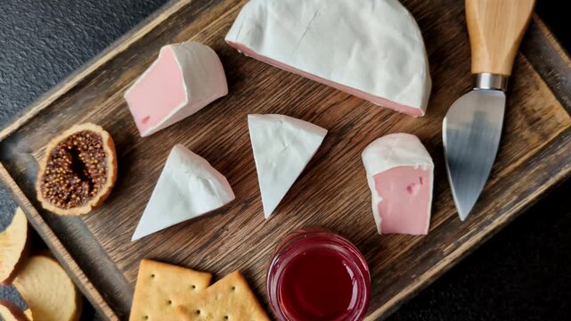 Pink Brie or Camembert cheese with honey, jam, figs, and crackers for a hearty breakfast. Brie cheese as a food background for your design