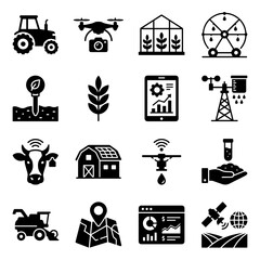 Fototapeta premium agriculture icons set flat black tractor drone