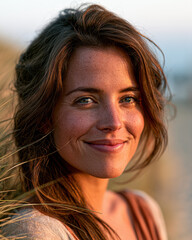 Fototapeta premium Close-up portrait of a smiling woman with natural makeup and loose hair, bathed in warm sunlight, conveying a relaxed and confident mood.