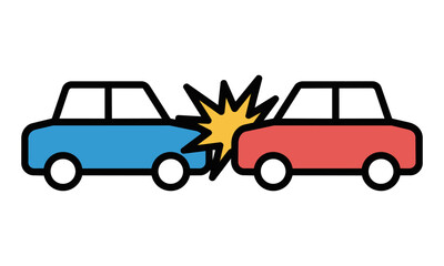Fototapeta premium Two simplified cars in a head-on collision icon with a jagged spark symbol isolated on a white background for an automotive safety or insurance concept