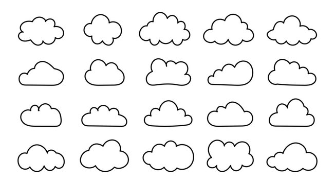 Doodle fluffy clouds. Set of Clouds outline simple icon. Puffy, cumulus clouds pattern layout. Cloudy form black thin contour. Weather flat elements template. Hand drawn cute icon. Object cloudscape.