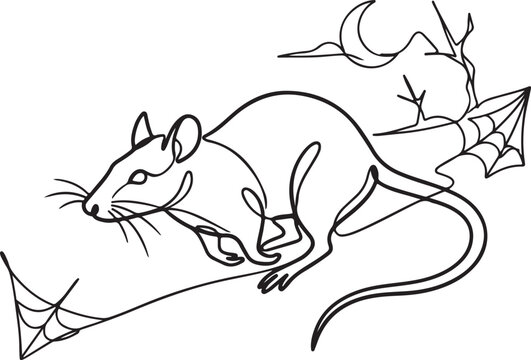 One Line Drawing of a Rat Running Across a Webbed Path with a Crescent Moon in the Background