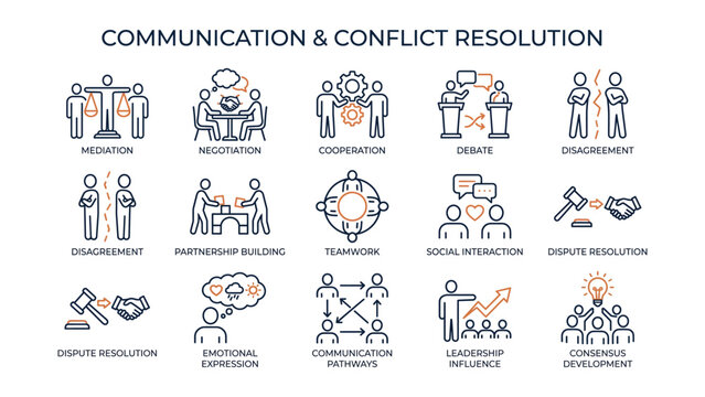 Communication and conflict resolution infographic with various business icons and concepts  teamwork negotiation mediation