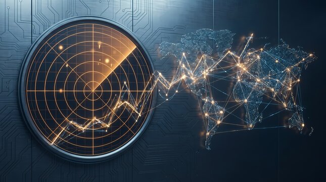 Futuristic glowing radar screen sweeping across a digital world map representing global risk monitoring and strategic analysis.