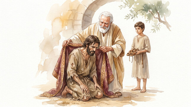 Gentle watercolor illustration of the prodigal son kneeling in torn clothes, father placing a robe over his shoulders, servant holding sandals, warm ochre and cream washes. Parable of the Prodigal Son