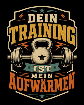 Vintage German Fitness Quote with Kettlebell and Barbell Gym Vector Design