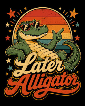 Relaxed Alligator with Sunglasses Retro Sunset T-Shirt Vector Design