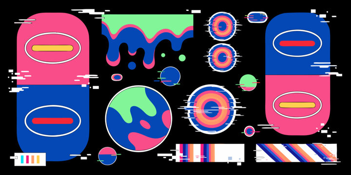 Retrofuturism shapes, circle glitch and liquid elements. Holographic illuminated in 80s-90s. Futuristic design vaporwave, synthwave. Trandy shapes for merch and T-shirt. Vector set glitch elements. ve