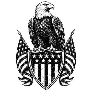 Perched Bald Eagle with Shield and Flags Vintage Patriotic Vector Design