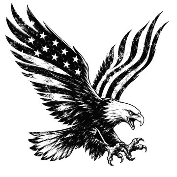 Distressed Bald Eagle Flying with American Flag Wings Black and White Vector Illustration