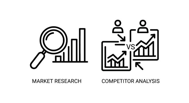 Market research and competitor analysis icons set with magnifying glass business intelligence strategic planning competitive analysis data visualization