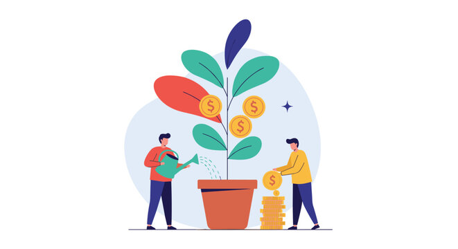 Financial growth and wealth management concept featuring two people watering and tending to a money tree in a pot.