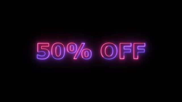 Bold neon sign showcasing the text 50 percent off in intense pink and purple neon lights against a dark black background with a distinct luminous aura