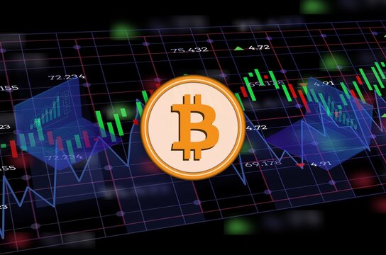 Bitcoin-BTC cryptocurrency logos drawings on digital background.