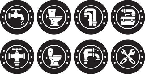 Fototapeta premium Collection of circular icons representing plumbing tools and fixtures for industry or service