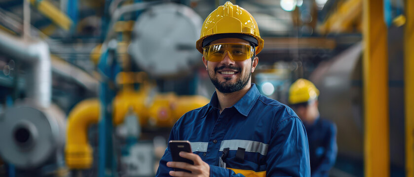 Smiling industrial engineer wearing yellow safety helmet and protective glasses holding smartphone in modern factory. Manufacturing technology and industry workforce concept.