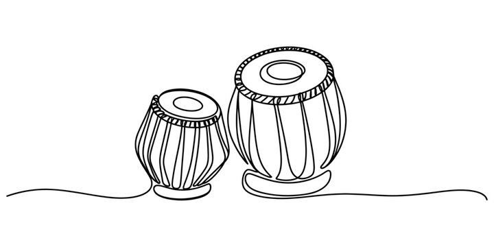 Continuous line drawing of Indian tabla drums, minimalist vector illustration