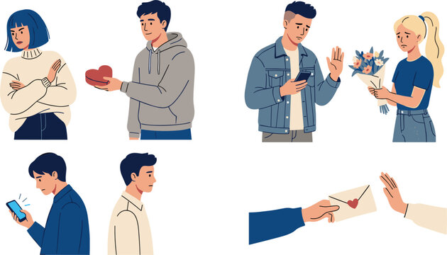 Unrequited Love and Relationship Breakup Vector Set with Sad Couples Experiencing Rejection, Refusing Flowers, Rejecting Chocolate Heart Box, and Ignoring Love Letter