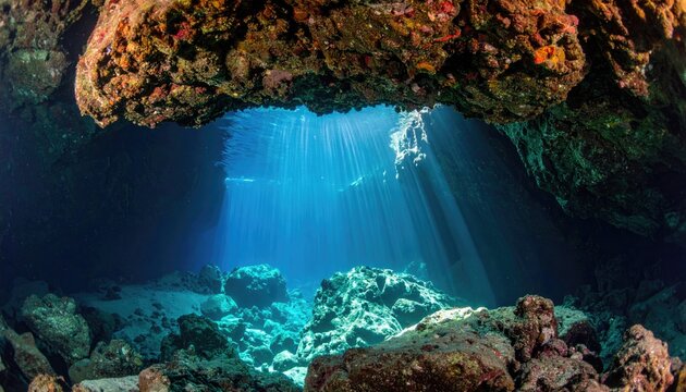 Sunbeams pierce underwater cave, illuminating rocks and clear blue depths