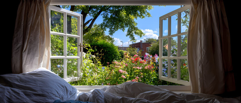 Fen&ecirc;tre ouverte sur la campagne avec un jardin fleuri vue depuis un lit .