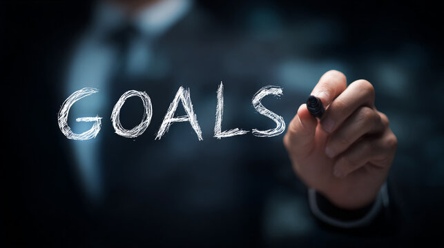 A businessman writes the word 'Goals' on a transparent surface, emphasizing the importance of setting and achieving objectives in the professional world