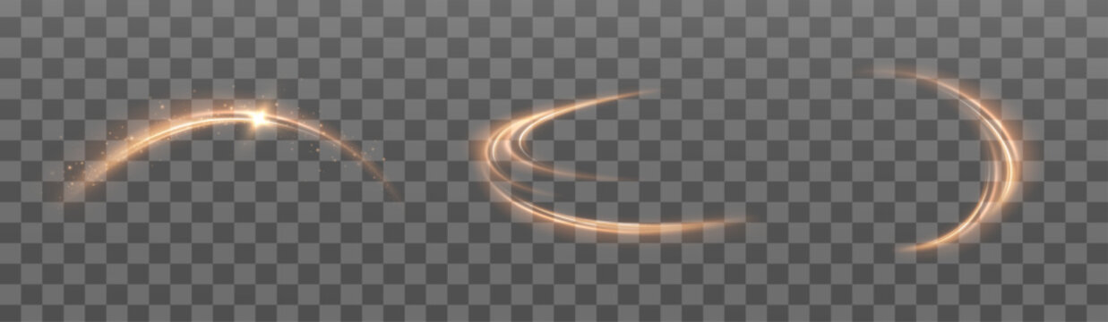 Golden swirling energy trails of glow with magical shimmering effects on a transparent background. Shimmering glitter particles and luminous, smooth curves.