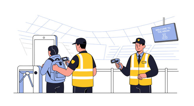 Security checks at stadium entrance, scanning tickets and IDs.