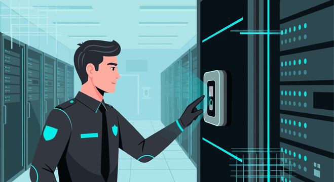 Security Guard Accessing Server Room With Digital Lock