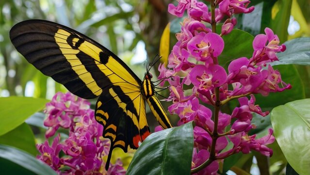 A gigantic Rothschild's Birdwing butterfly resting on a tropical orchid tree  ai