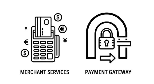 Merchant services and payment gateway icons with payment processing financial services online payment digital payment electronic commerce payment method