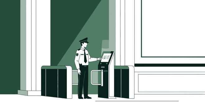 Security guard at a digital checkpoint kiosk with turnstile in monochrome.