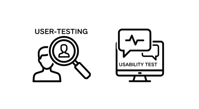 User testing and usability test icons with usability research analysis evaluation feedback interface development software technology computer