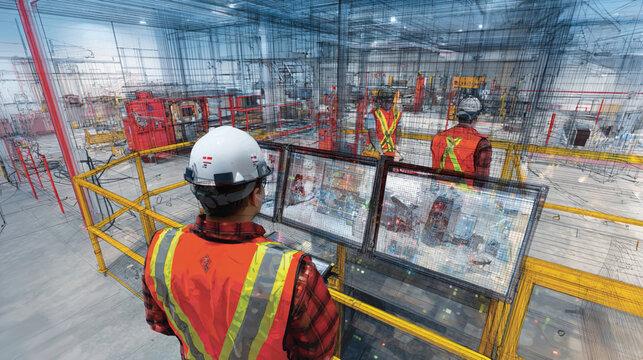 A construction worker observes safety protocols while monitoring operations on a worksite through a control panel, ensuring a secure and efficient workflow in the industry.