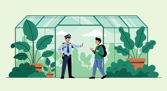 Police Officer Stops Teenager Entering Greenhouse, Garden Exclusion Concept